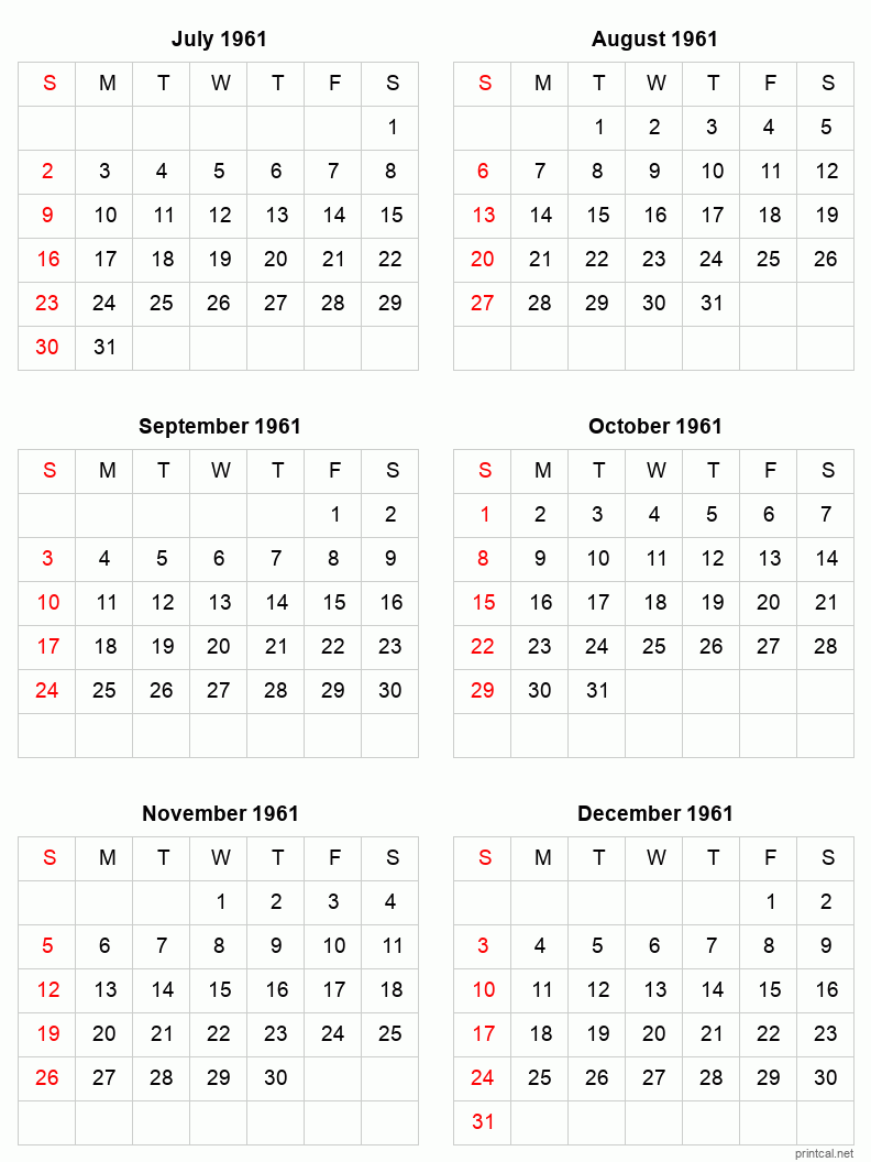 6 month calendar July to December 1961