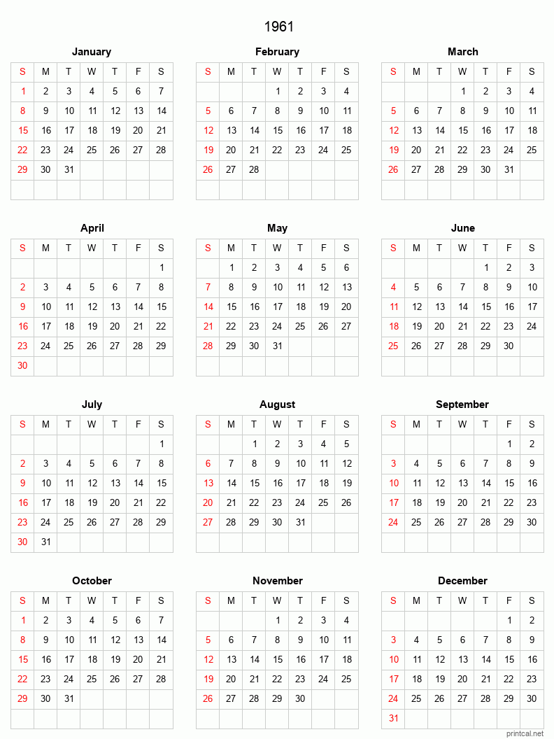 Printable 1961 Full-Year Calendar