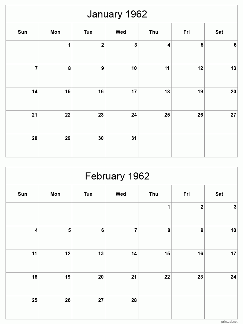 2 month calendar January to February 1962