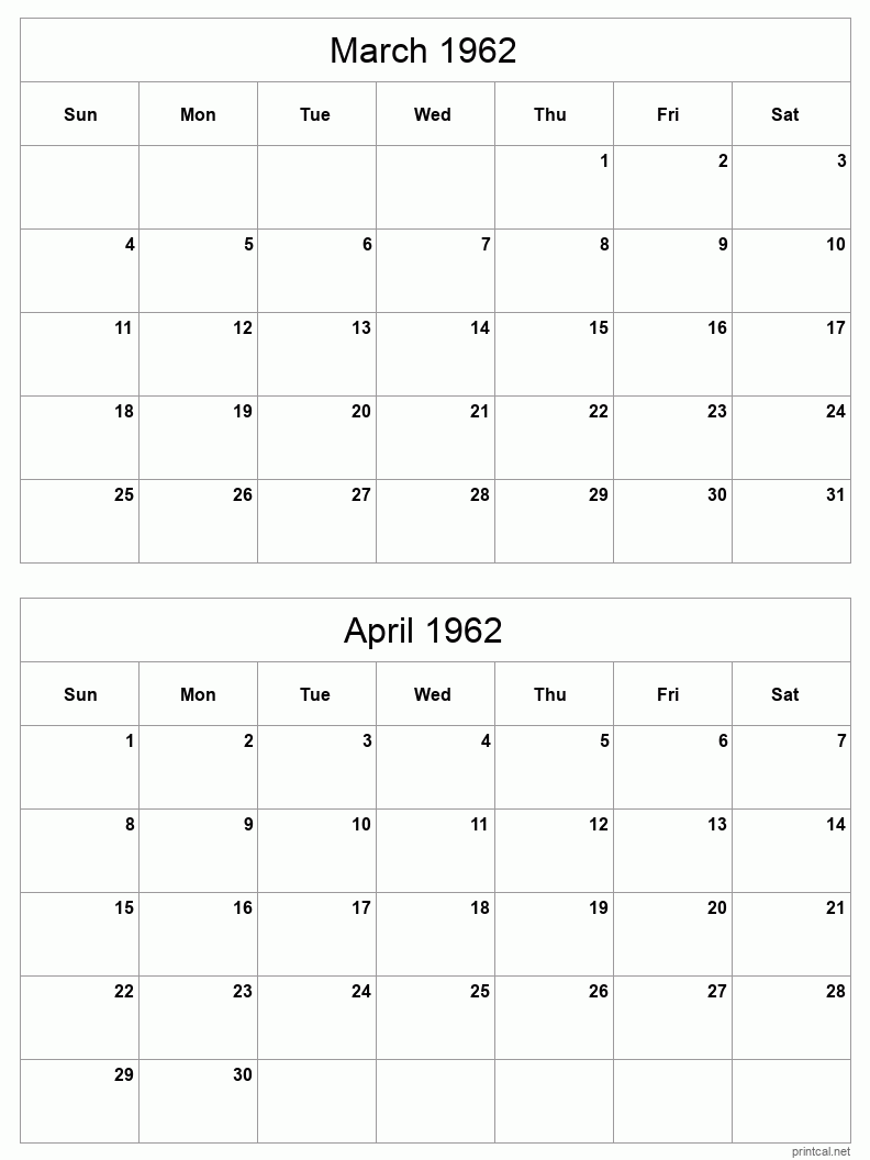 2 month calendar March to April 1962