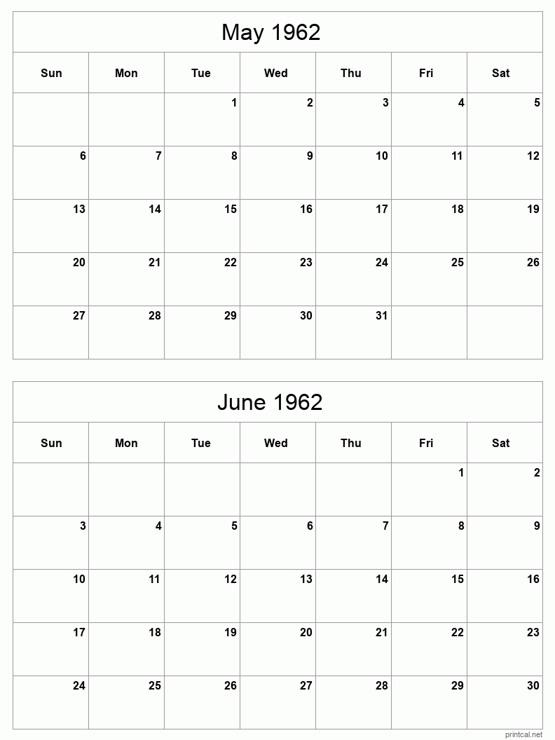 2 month calendar May to June 1962