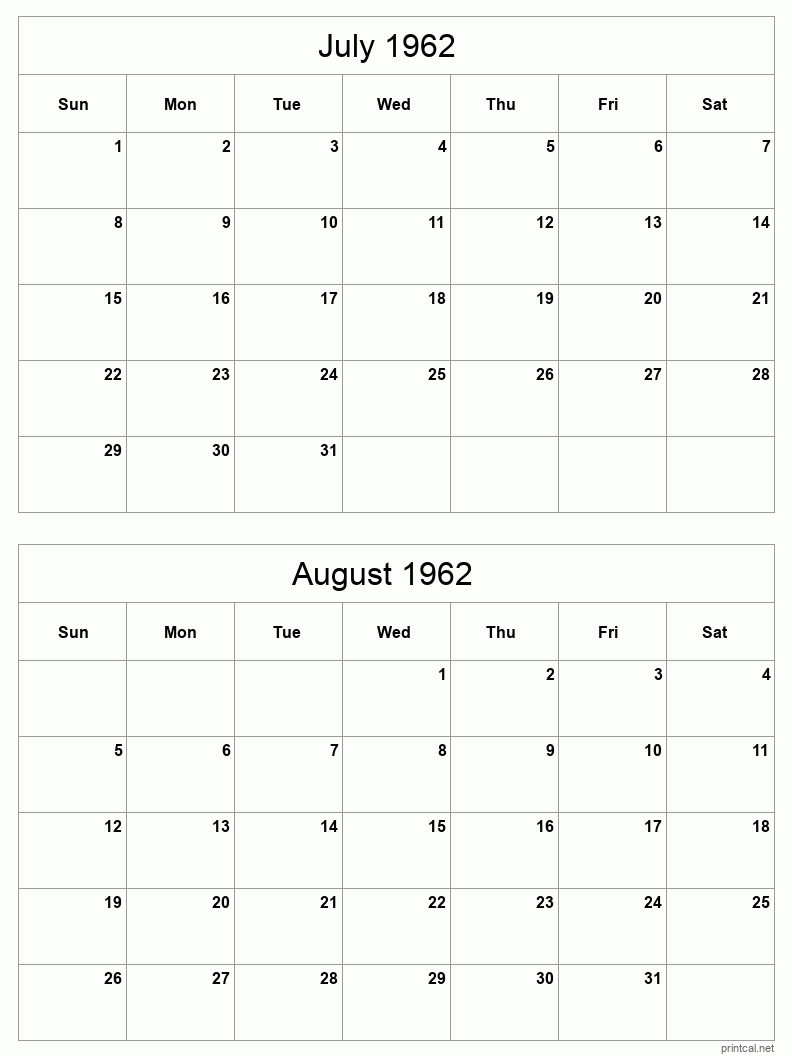 2 month calendar July to August 1962