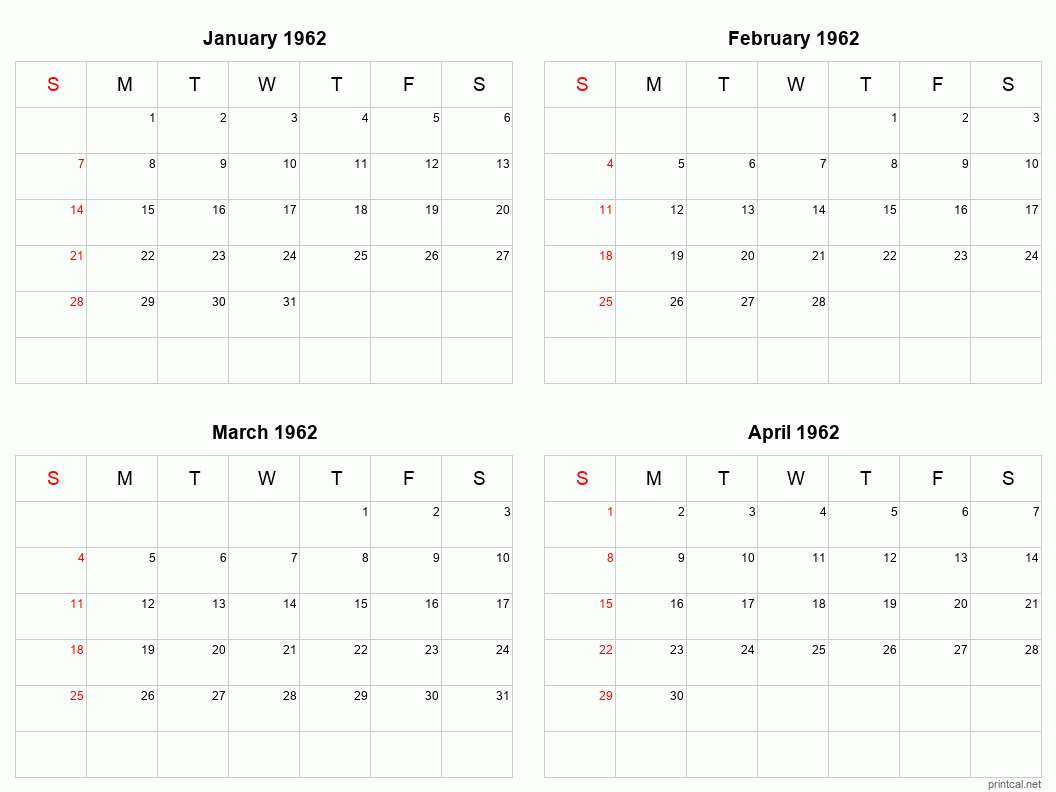 4 month calendar January to April 1962