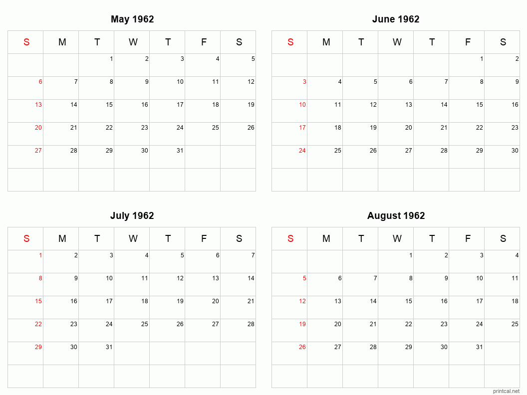 4 month calendar May to August 1962