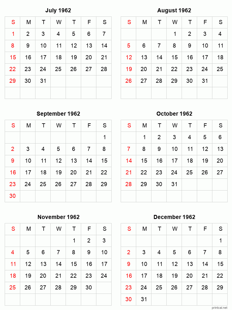 6 month calendar July to December 1962