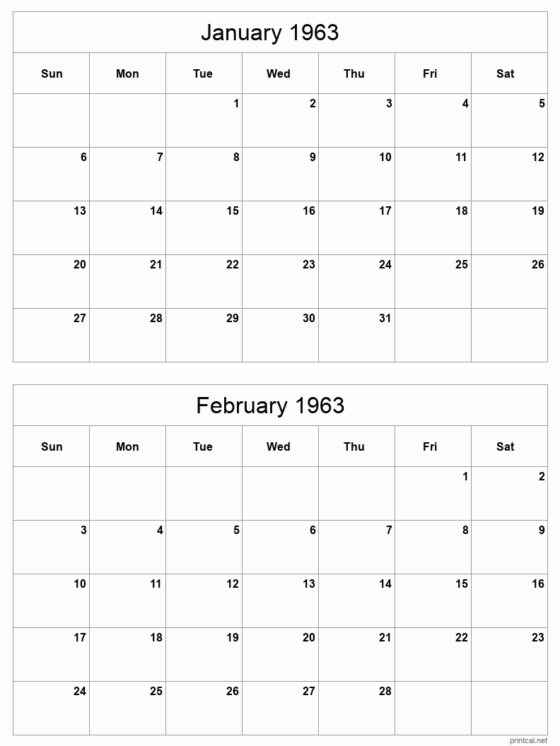 2 month calendar January to February 1963