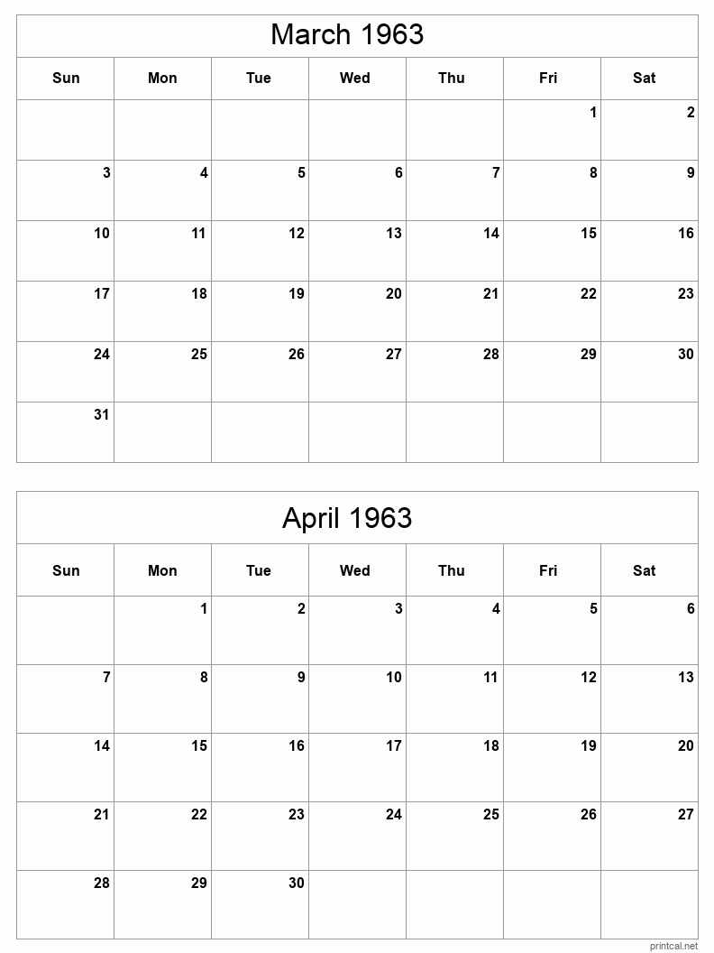 2 month calendar March to April 1963