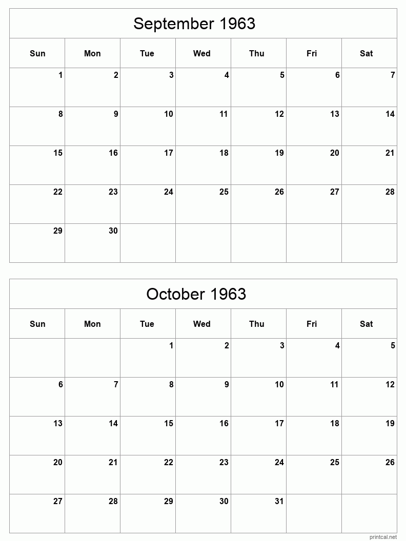 2 month calendar September to October 1963