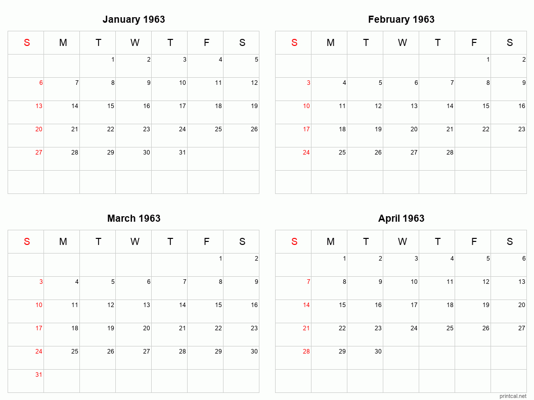 4 month calendar January to April 1963