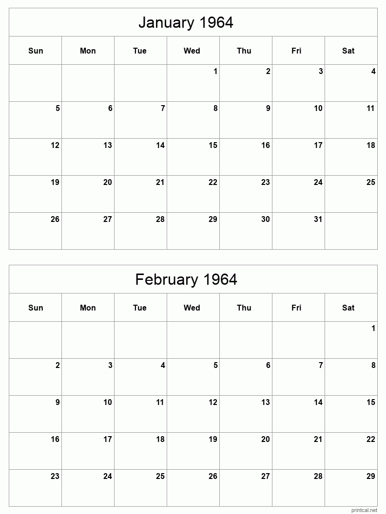 2 month calendar January to February 1964