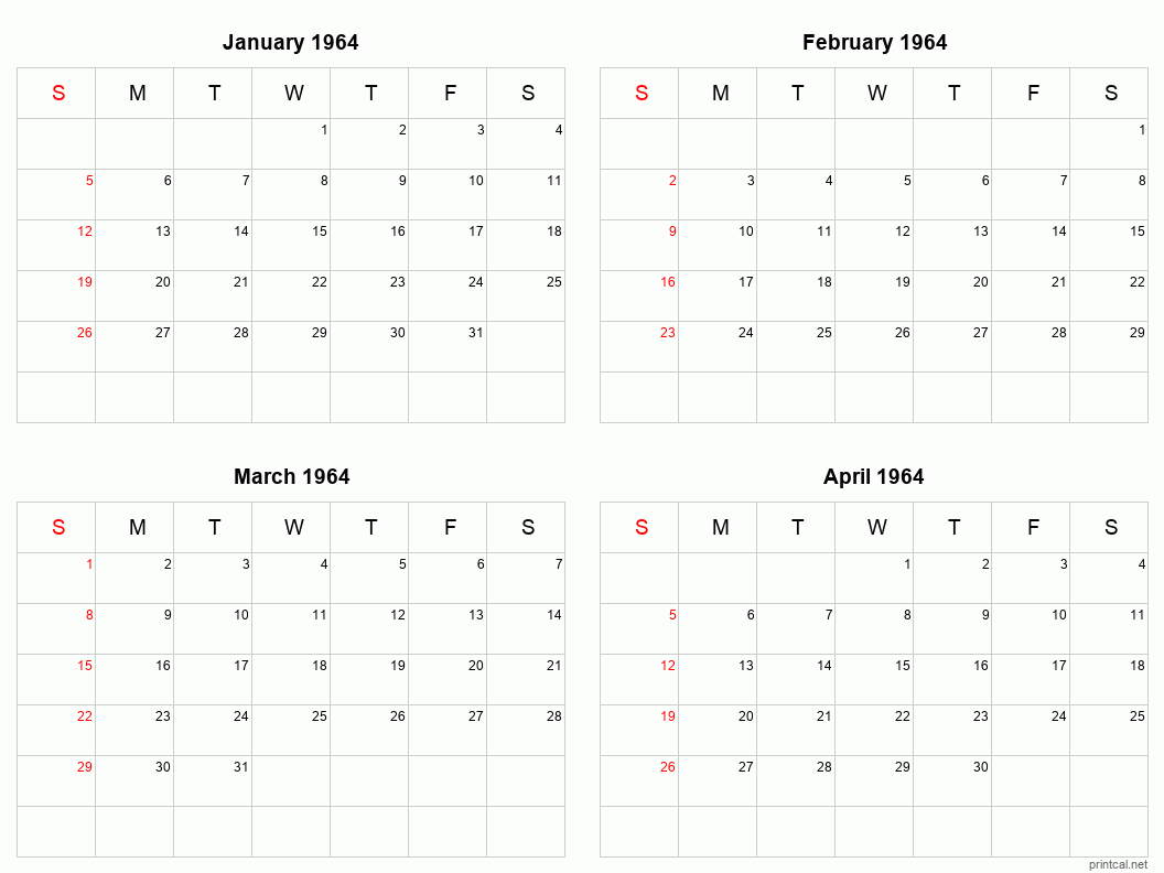 4 month calendar January to April 1964