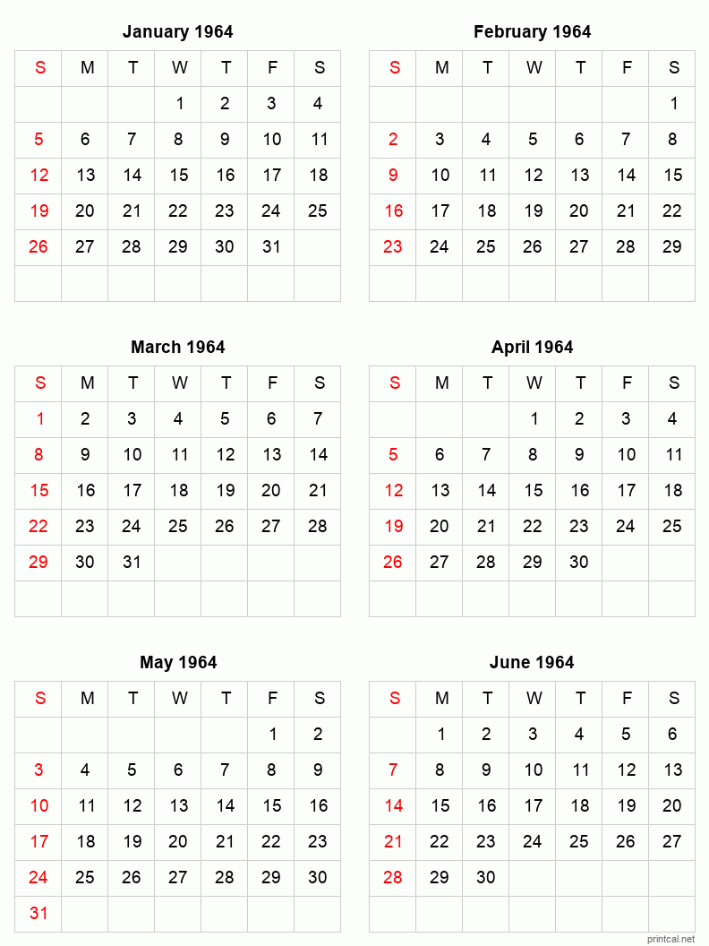 6 month calendar January to June 1964