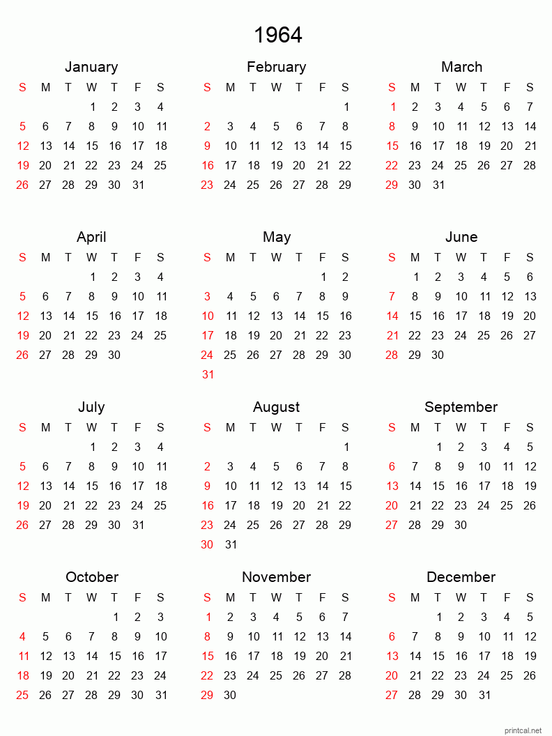 Printable 1964 Yearly Calendar