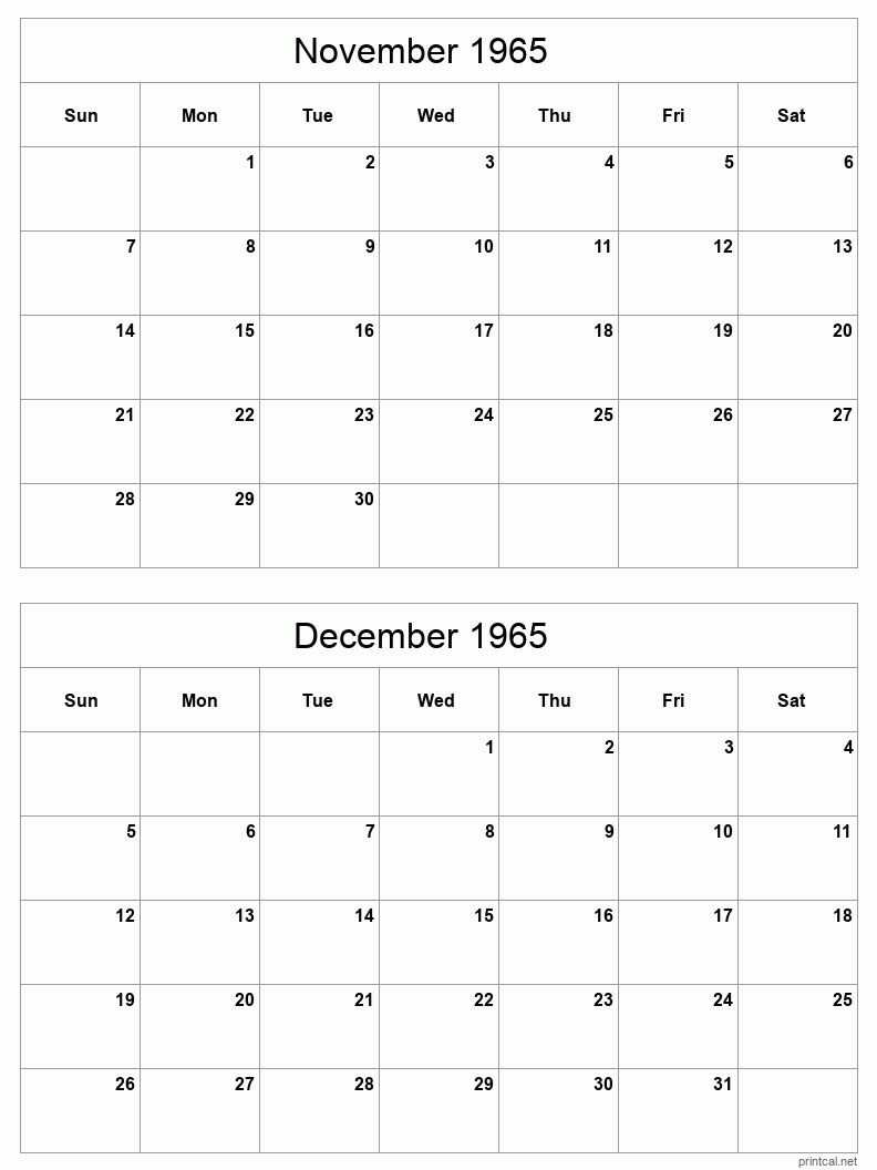 2 month calendar November to December 1965