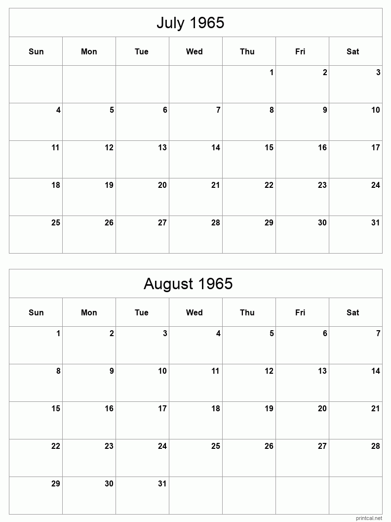 2 month calendar July to August 1965