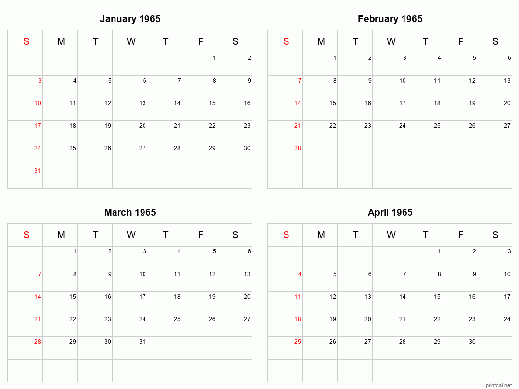 4 month calendar January to April 1965