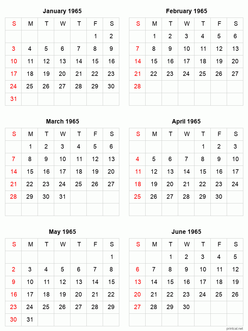 6 month calendar January to June 1965