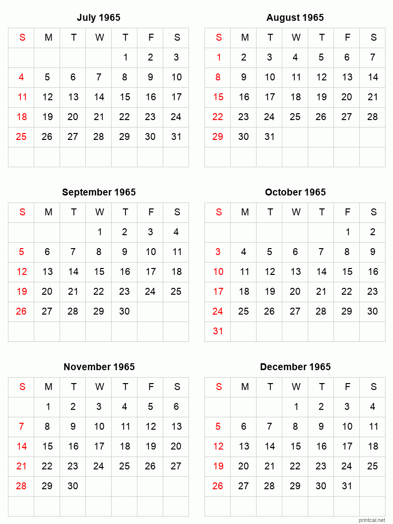 6 month calendar July to December 1965