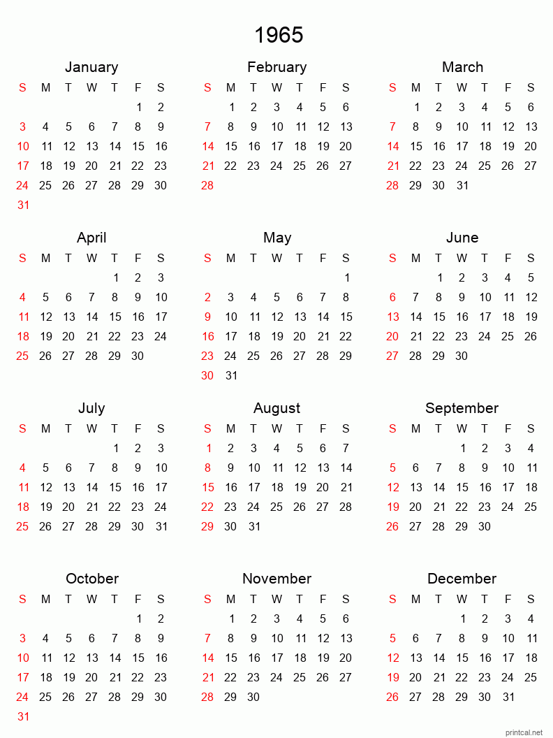 Printable 1965 Yearly Calendar