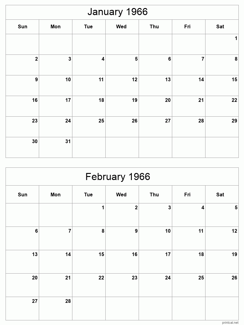 2 month calendar January to February 1966