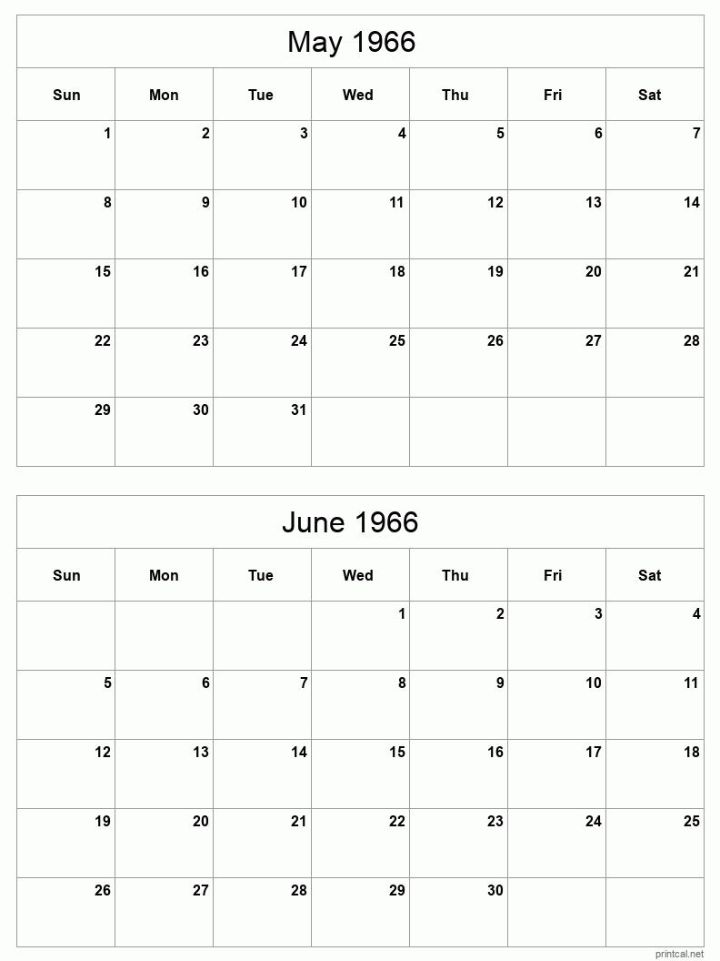 2 month calendar May to June 1966