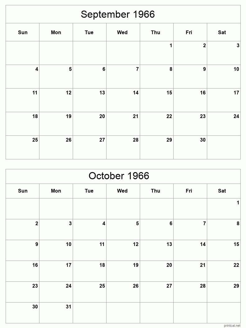 2 month calendar September to October 1966