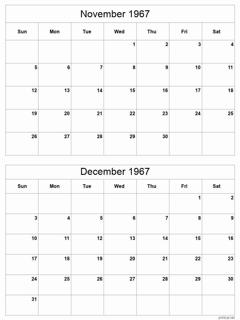 2 month calendar November to December 1967