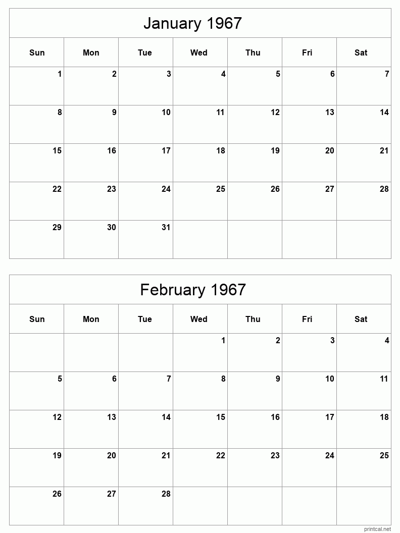 2 month calendar January to February 1967