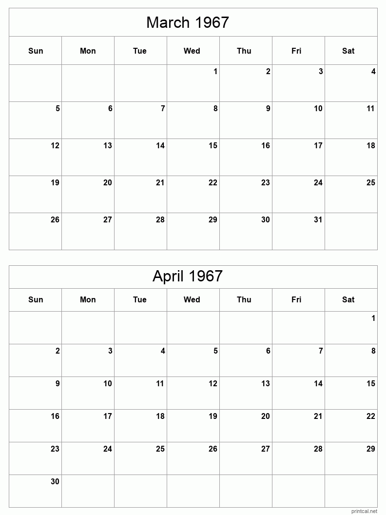 2 month calendar March to April 1967