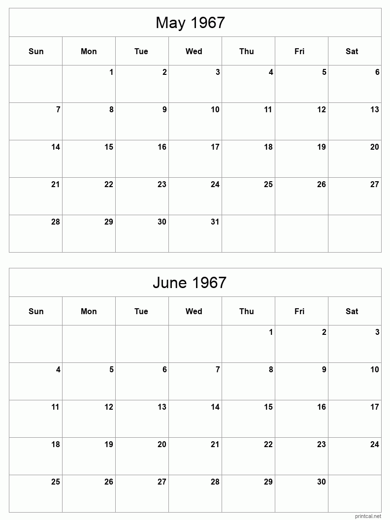 2 month calendar May to June 1967