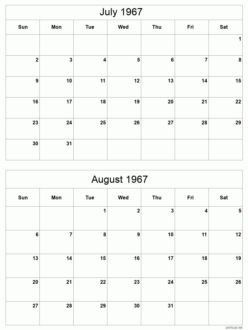 2 month calendar July to August 1967