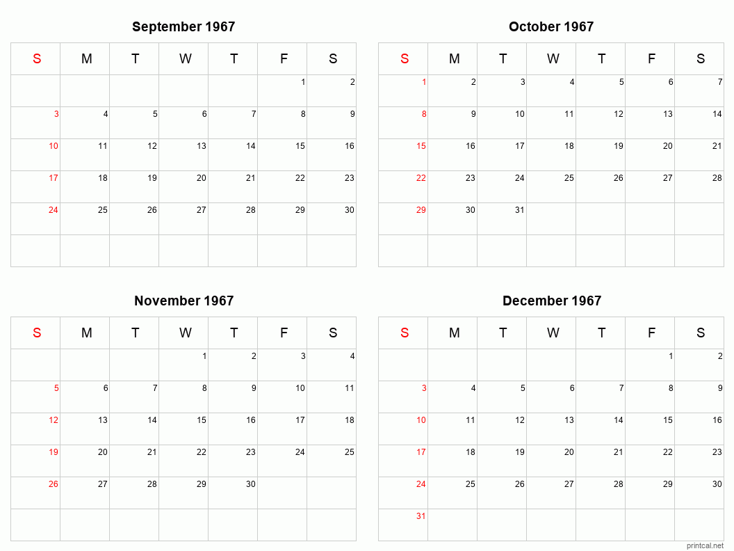 4 month calendar September to December 1967