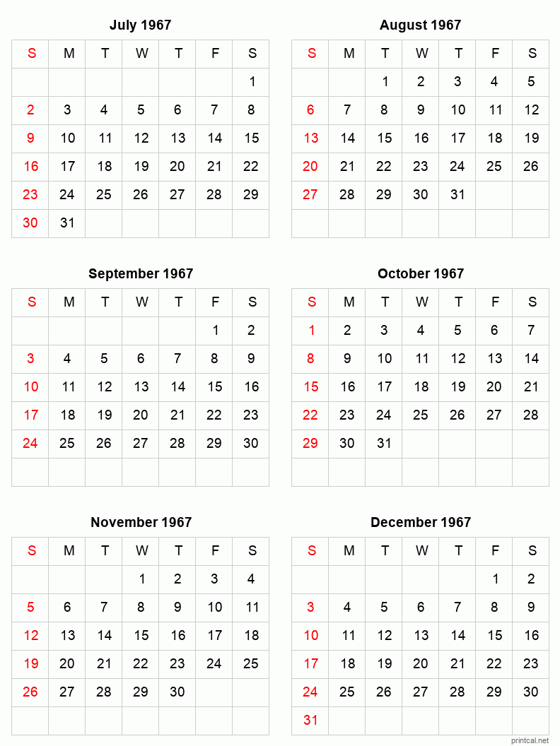 6 month calendar July to December 1967