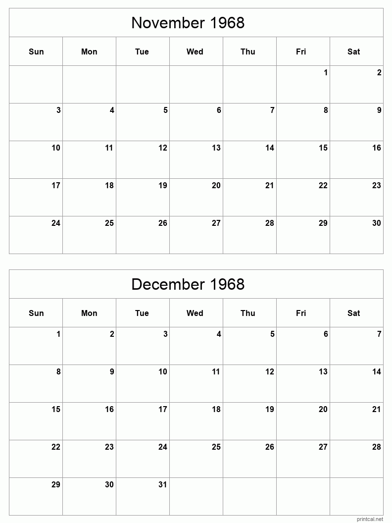 2 month calendar November to December 1968