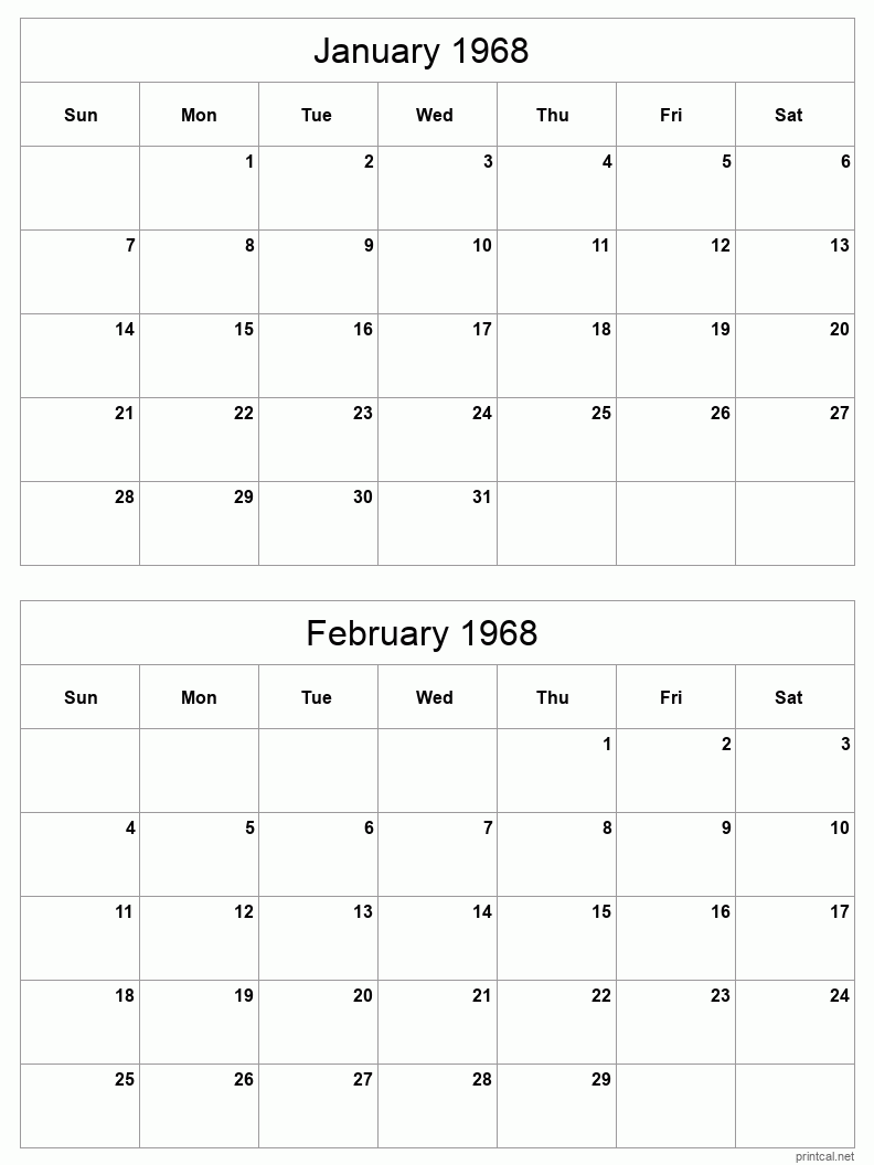 2 month calendar January to February 1968