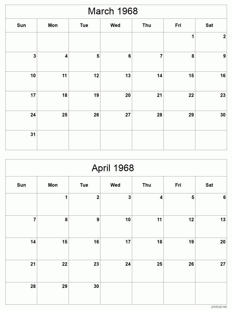 2 month calendar March to April 1968