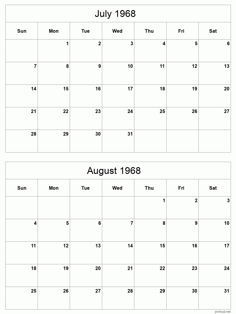 2 month calendar July to August 1968