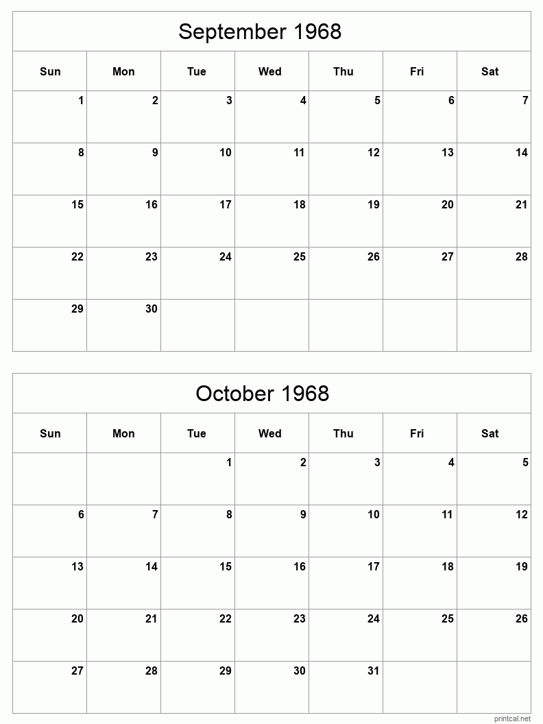 2 month calendar September to October 1968