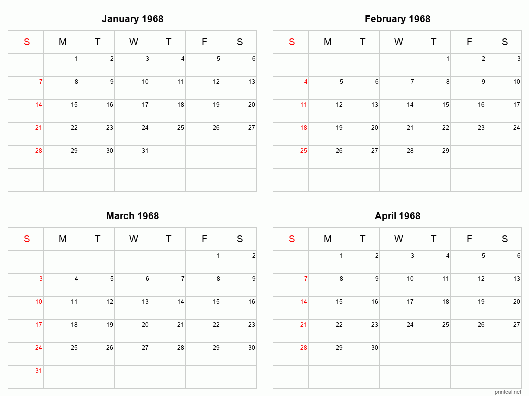 4 month calendar January to April 1968