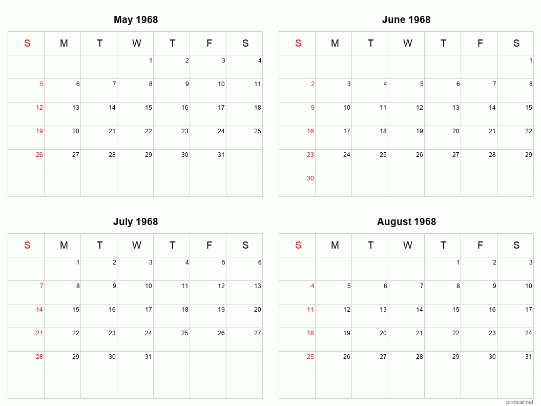 4 month calendar May to August 1968