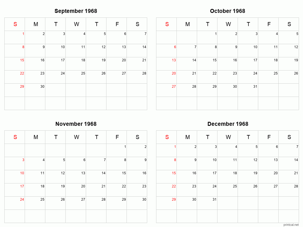 4 month calendar September to December 1968