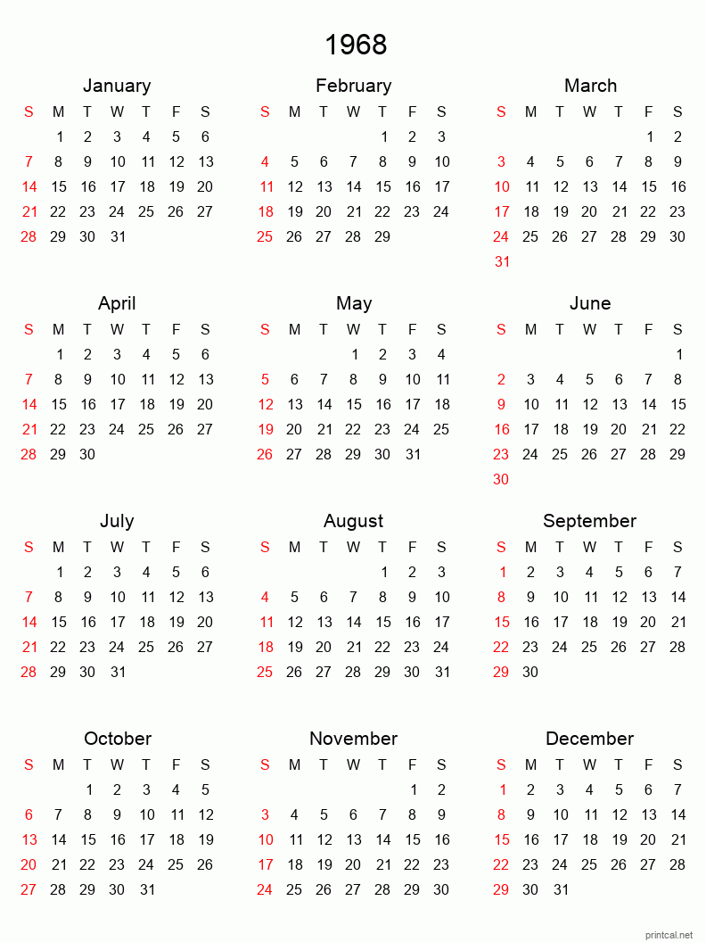 Printable 1968 Yearly Calendar