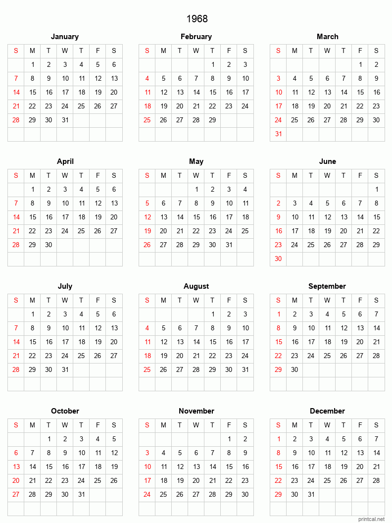 Printable 1968 Full-Year Calendar