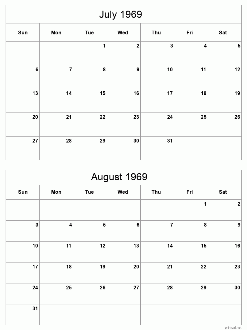 2 month calendar July to August 1969