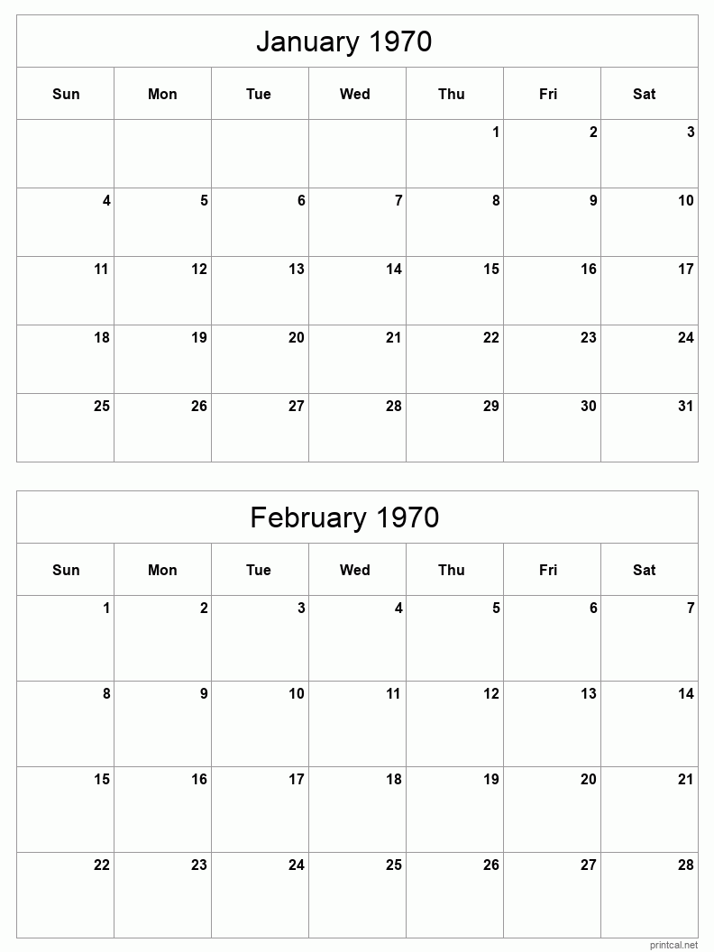 2 month calendar January to February 1970