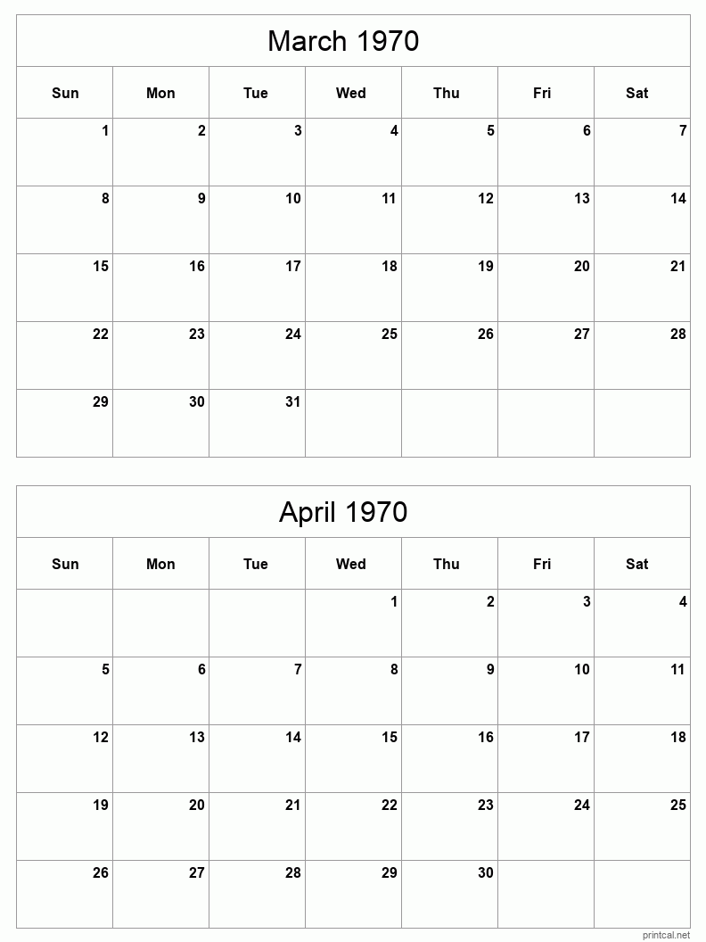 2 month calendar March to April 1970