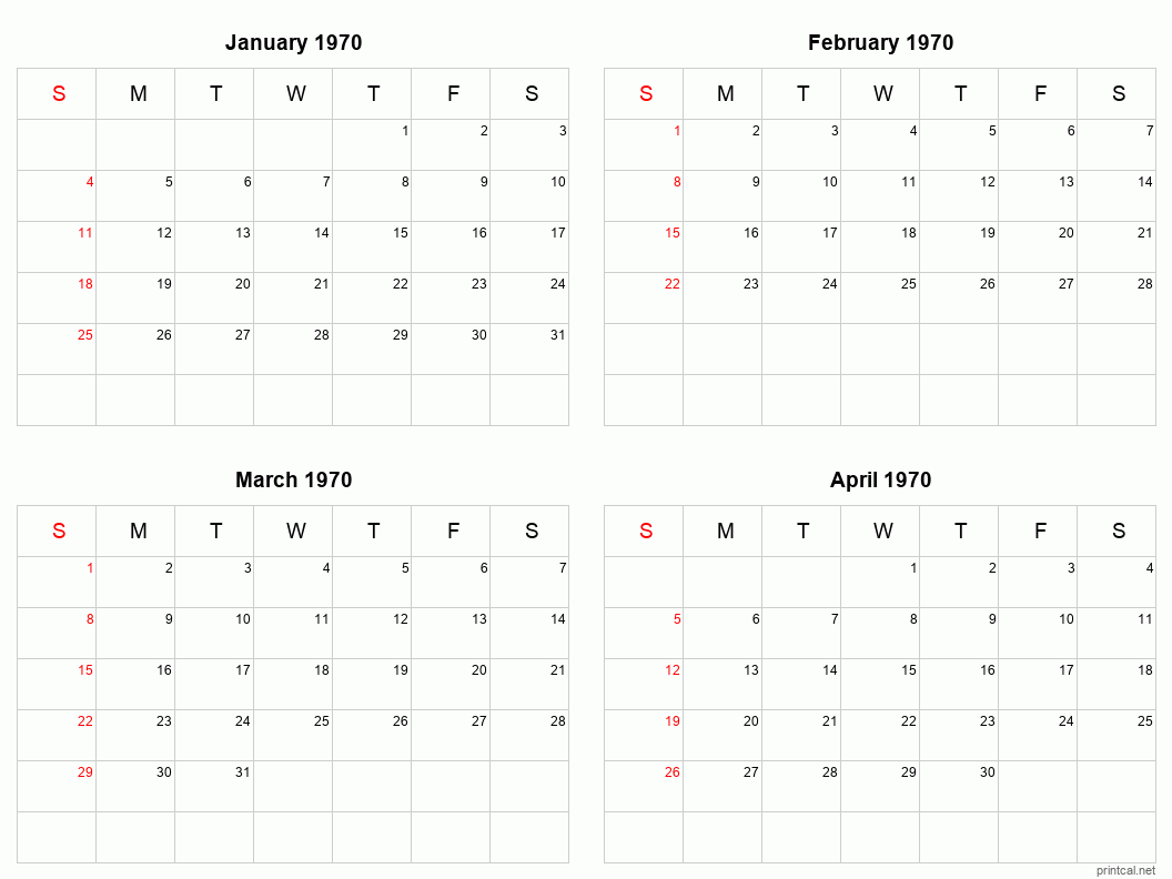 4 month calendar January to April 1970