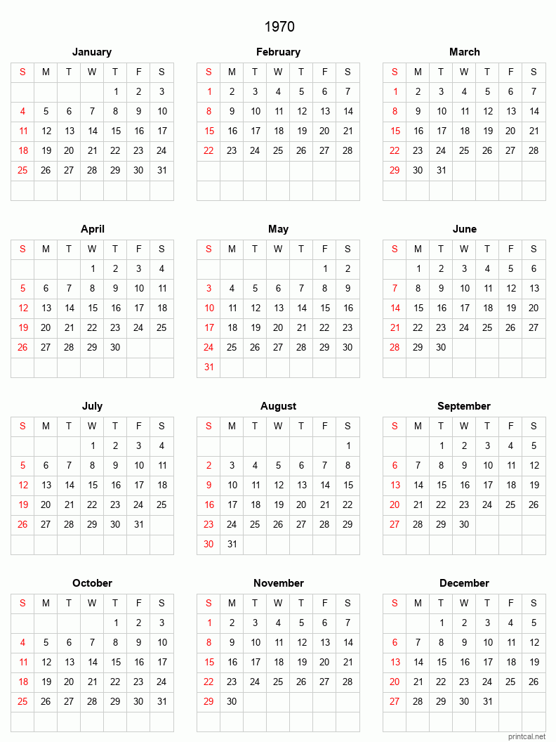 Printable 1970 Full-Year Calendar