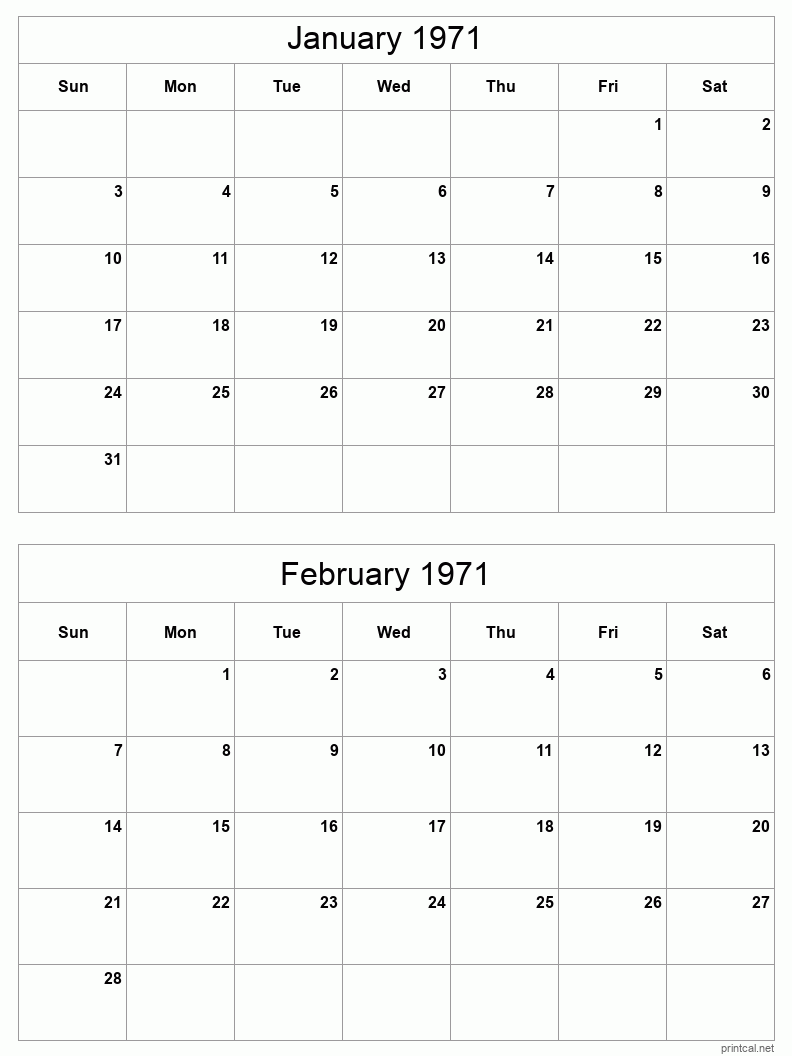 2 month calendar January to February 1971