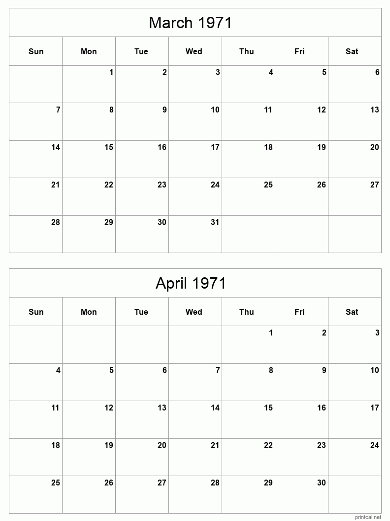 2 month calendar March to April 1971